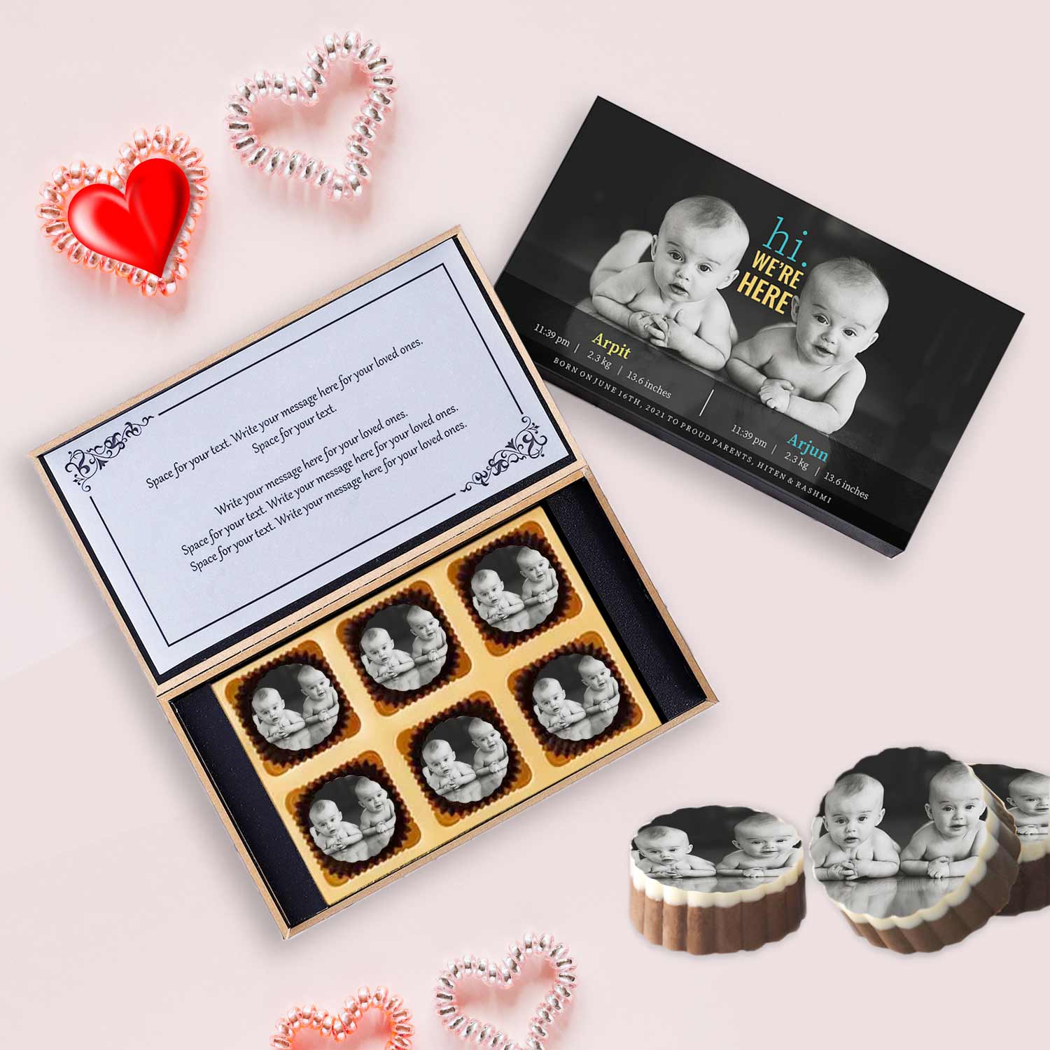 Hi dates printed chocolates for twins announcement