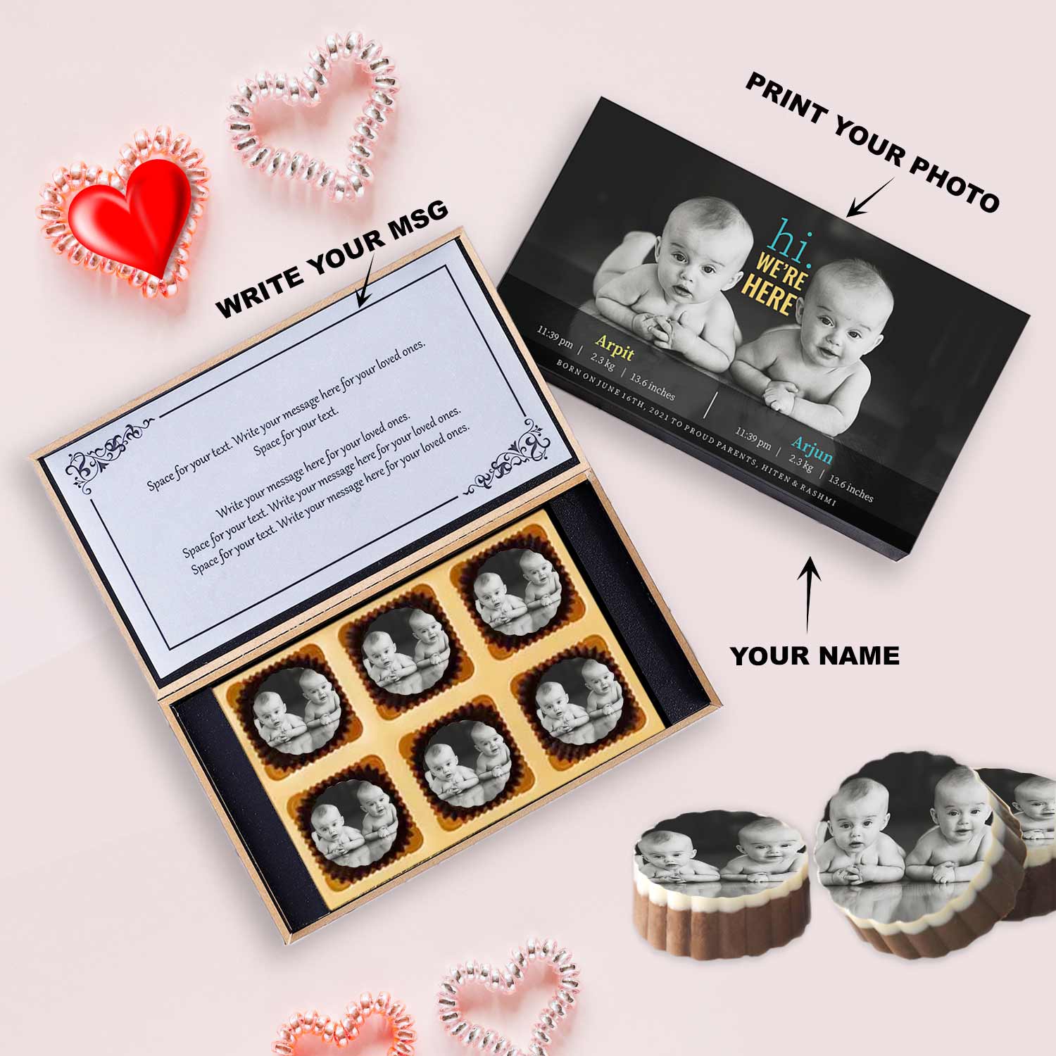 Hi dates printed chocolates for twins announcement