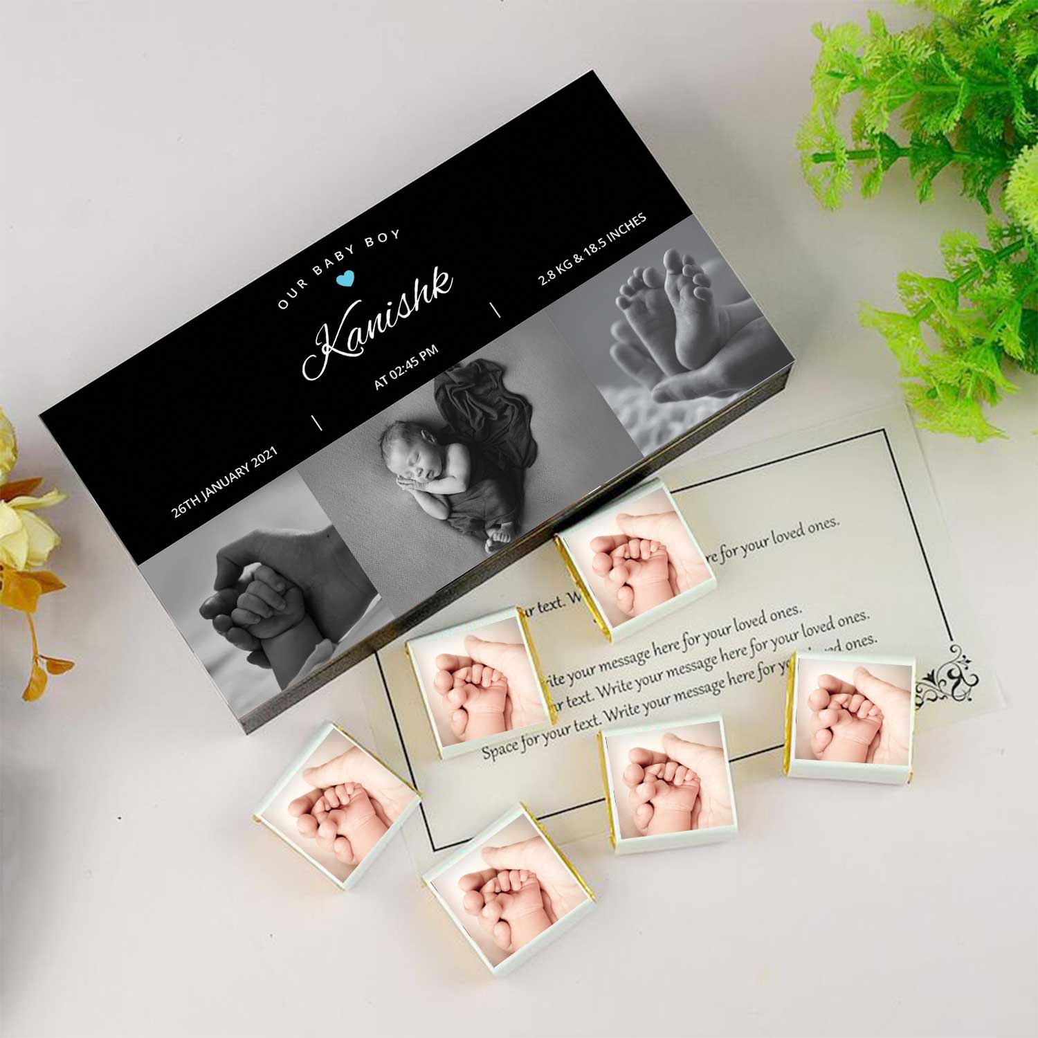 Unique birth announcement for newborn with personalised gift Photo Chocolate Gift for Baby Boy Announcement. Baby boy birth announcement "It's a Boy" customised chocolates.
