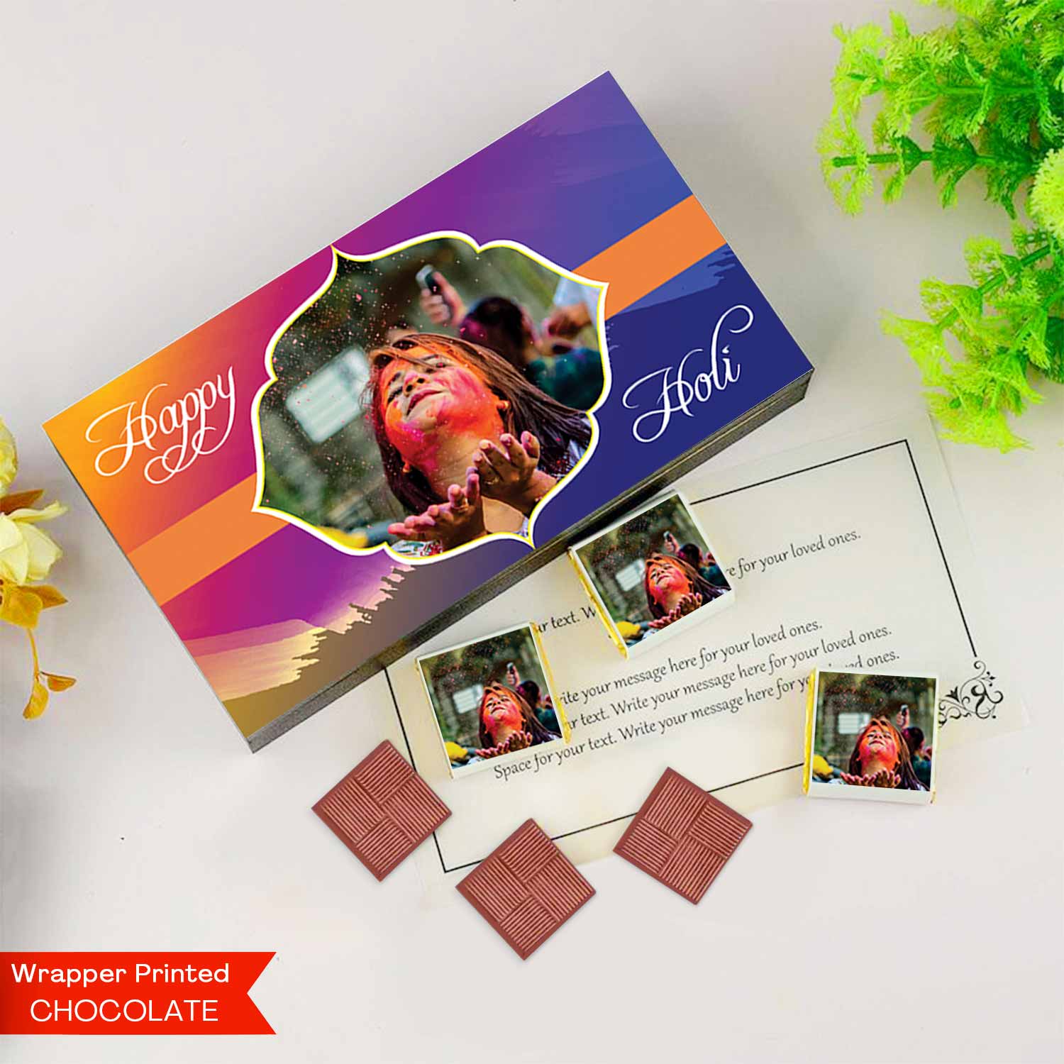 Vibrant colourful personalised holi gift of chocolates