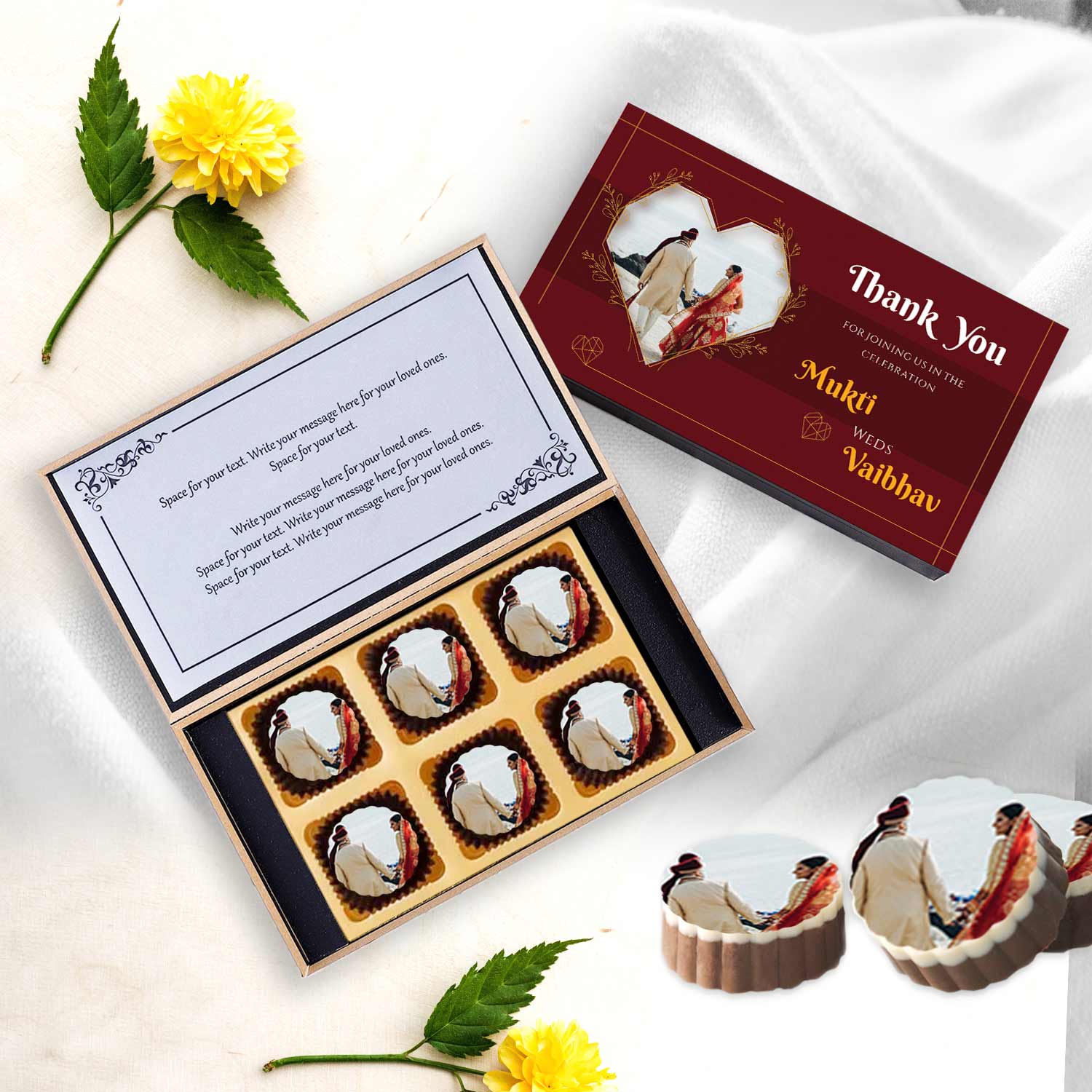 Ornate maroon wedding return gift printed chocolates