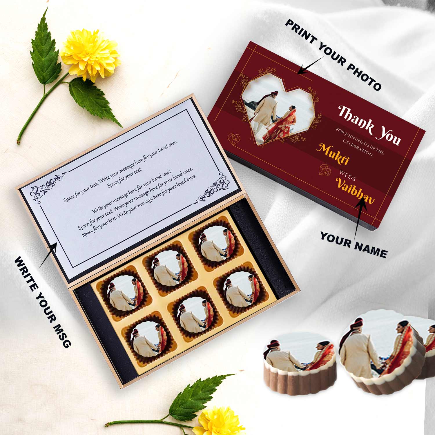 Ornate maroon wedding return gift printed chocolates