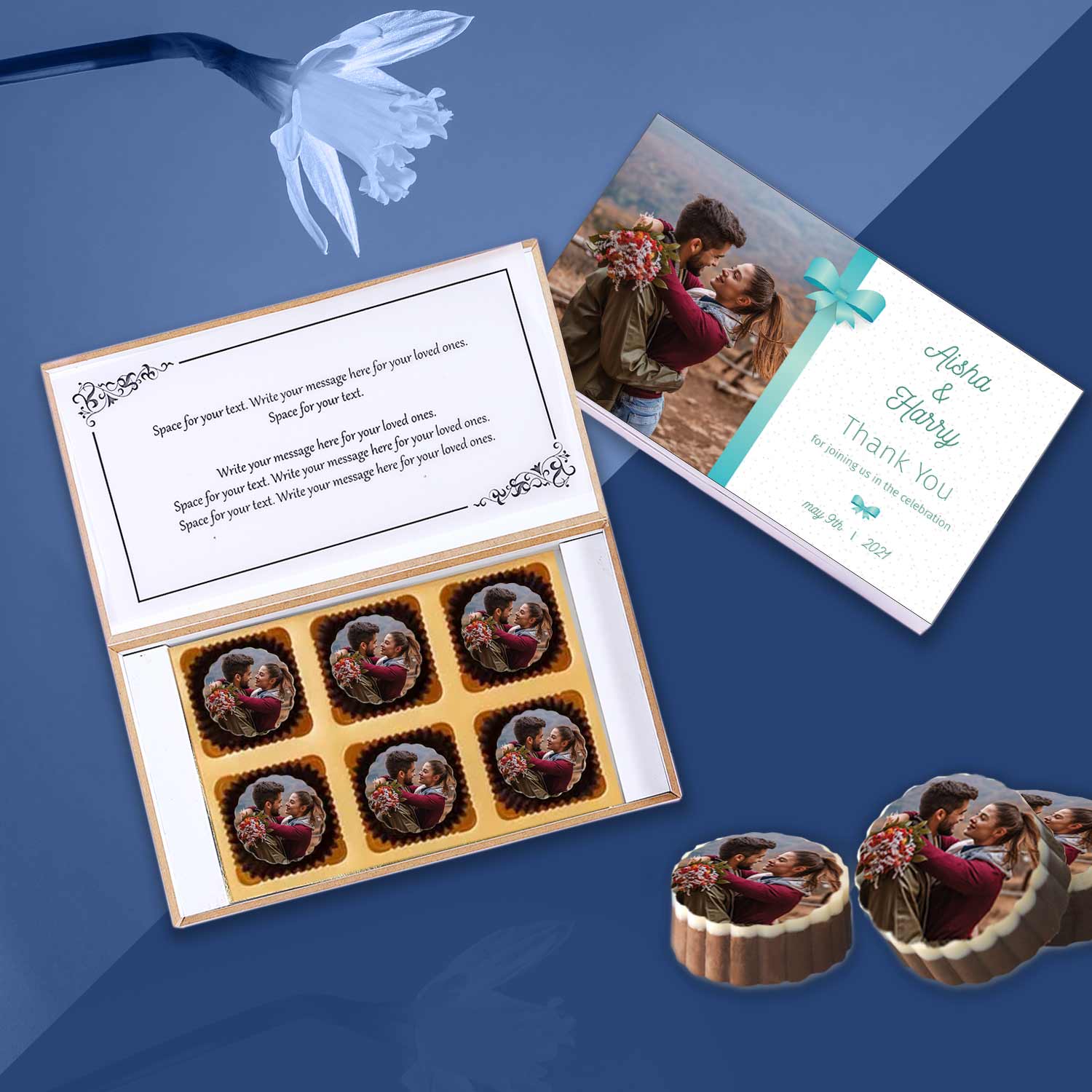 Cyan Ribbon names printed chocolates return gift