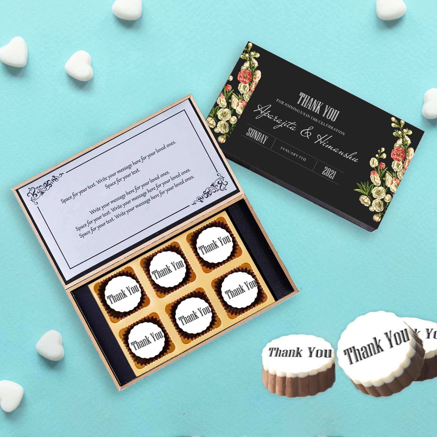 Elegant black box printed chocolates return gift with beautiful theme