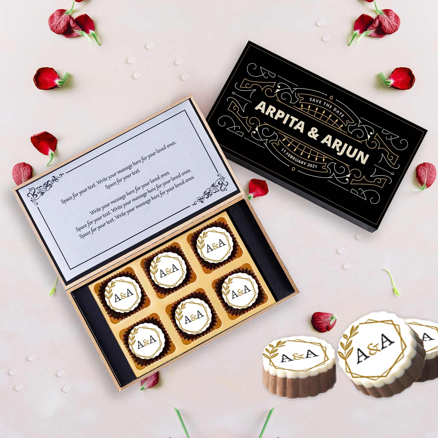 Golden geometrical wreath printed chocolates wedding invite