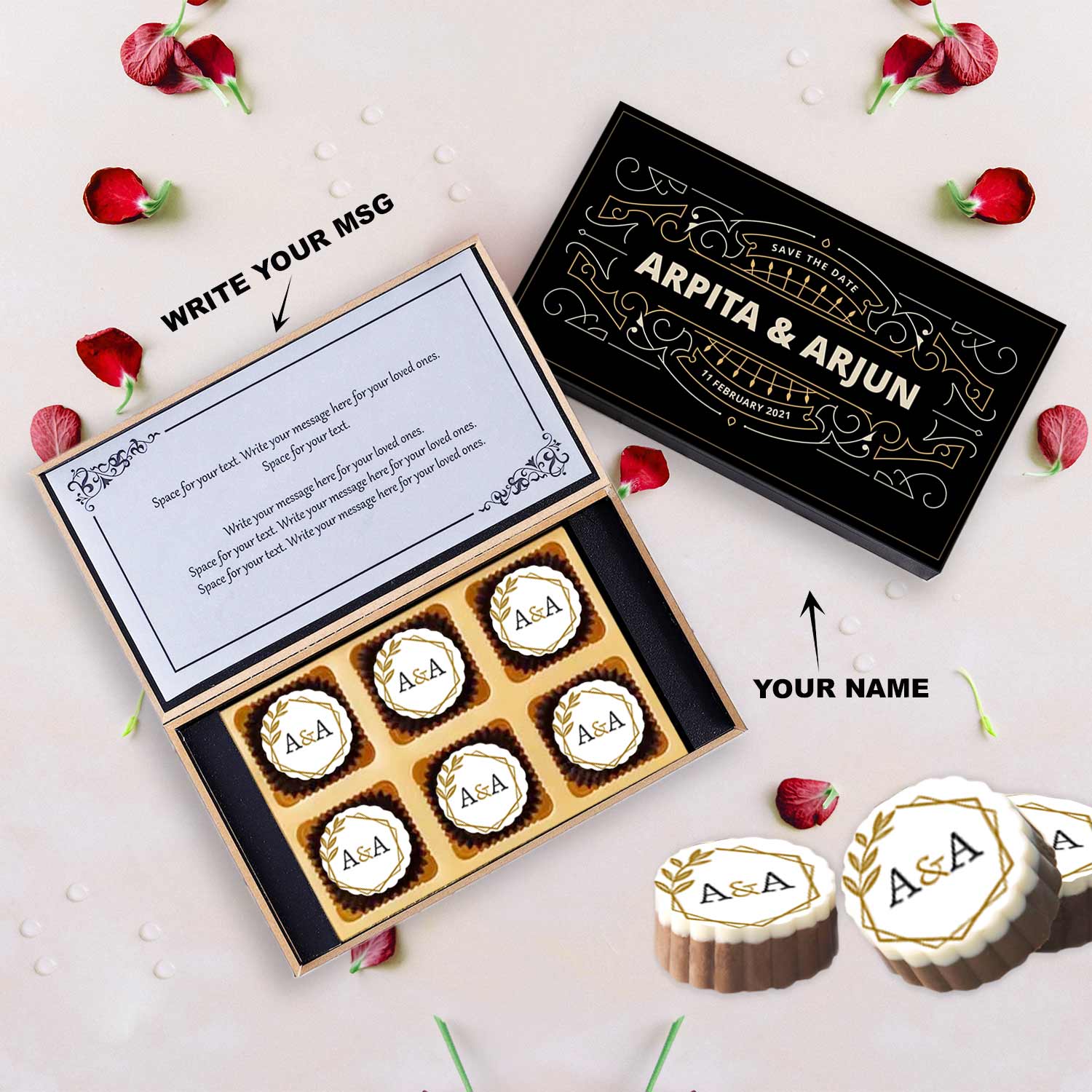 Golden geometrical wreath printed chocolates wedding invite