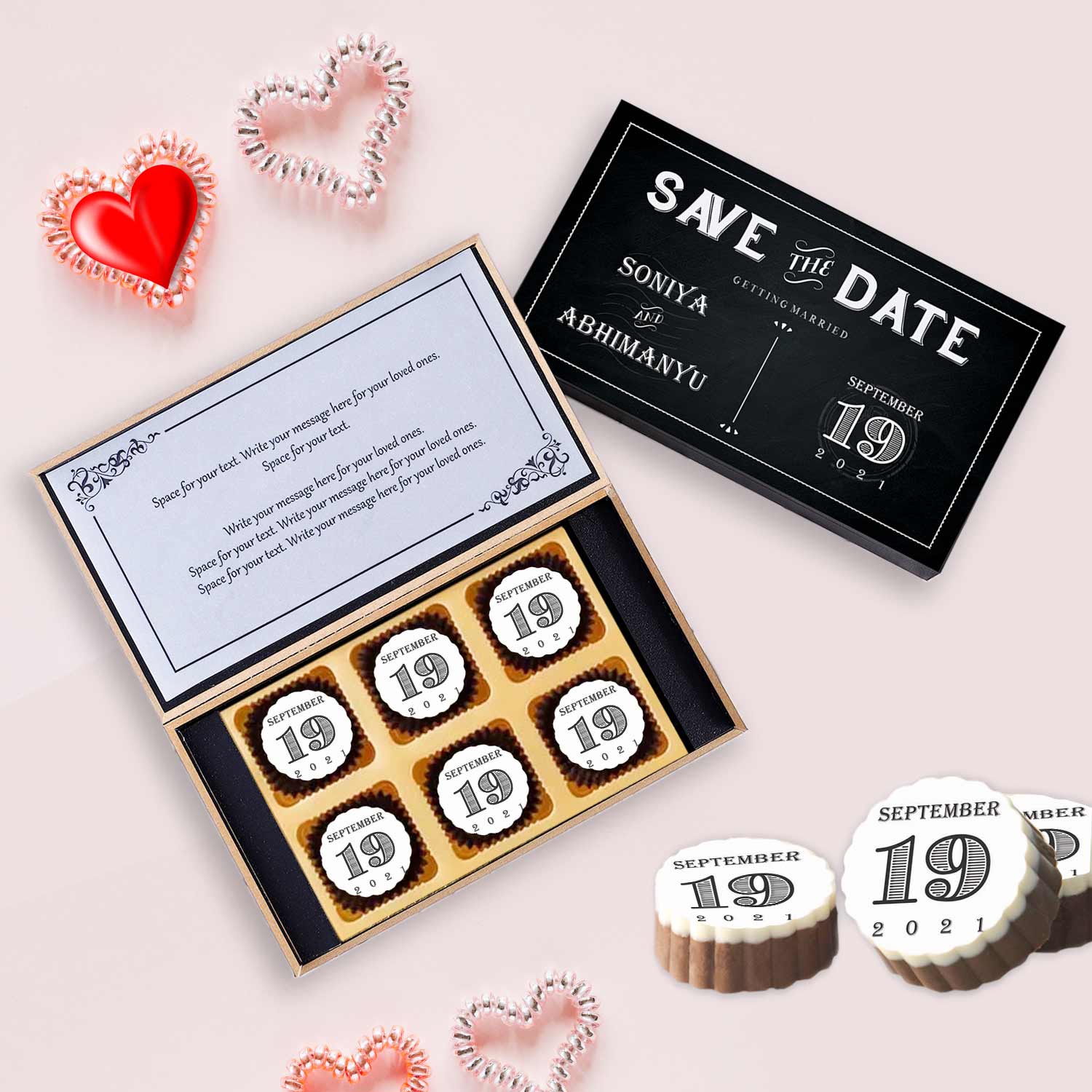 Beautiful wedding date printed chocolates personalised invite