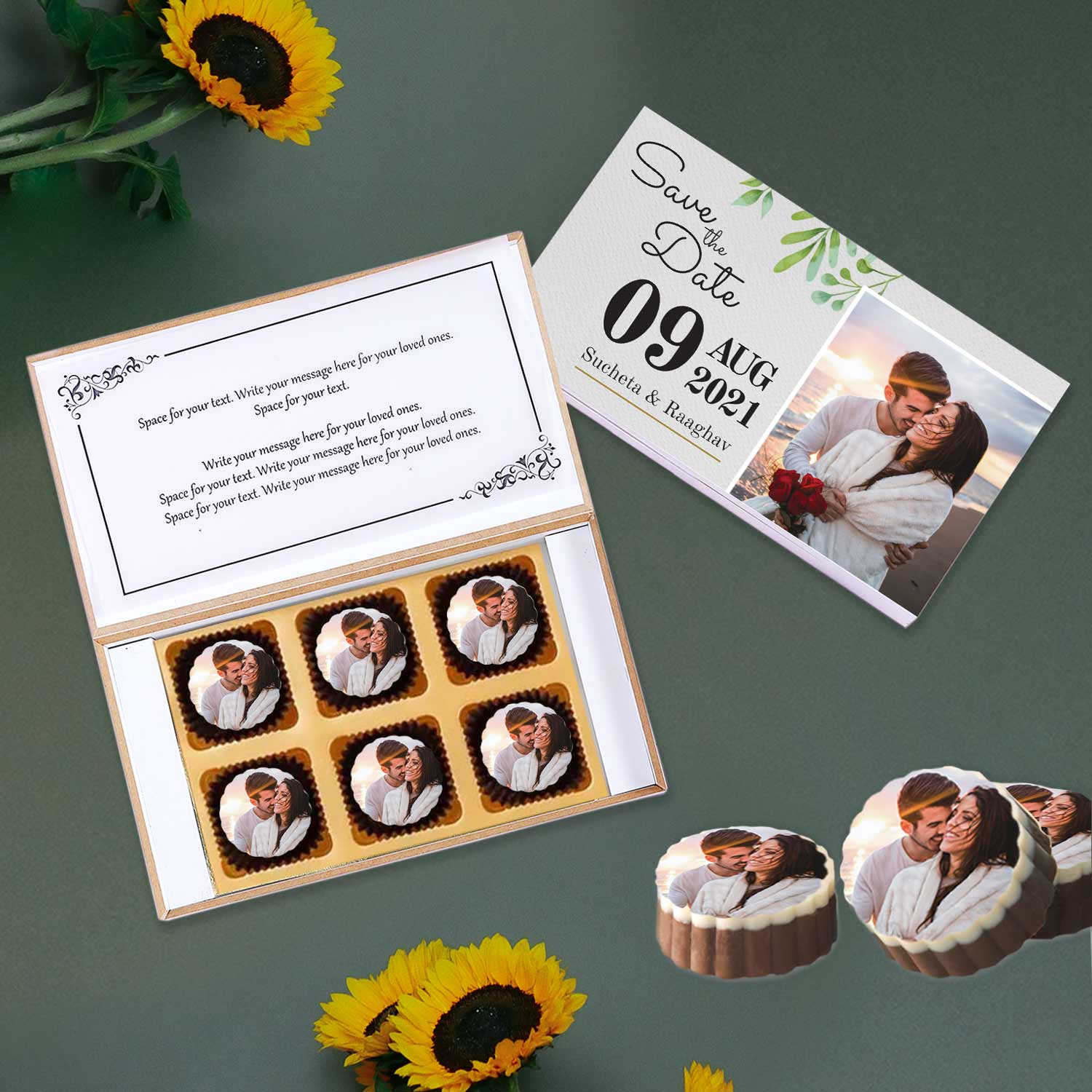 White elegant box wedding date printed chocolates invite