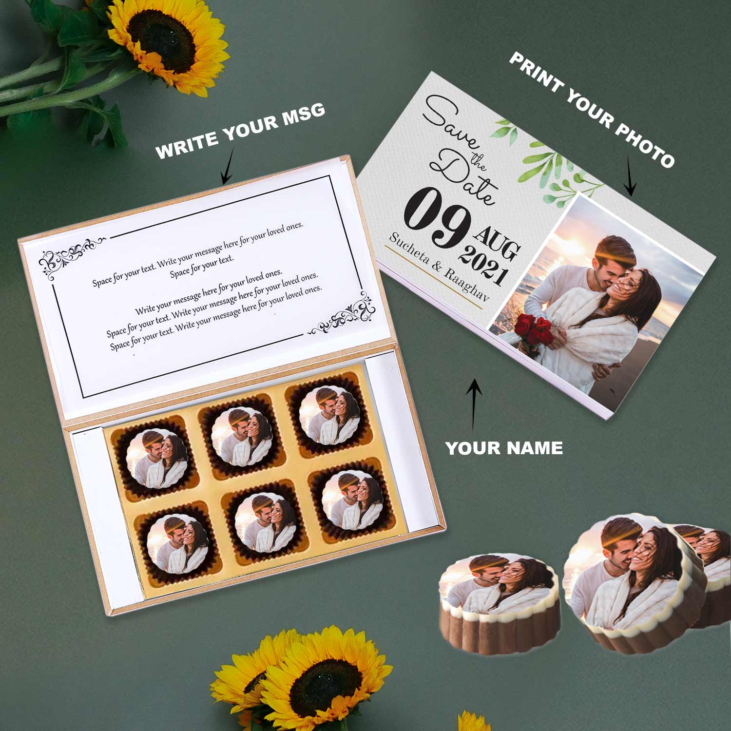 White elegant box wedding date printed chocolates invite