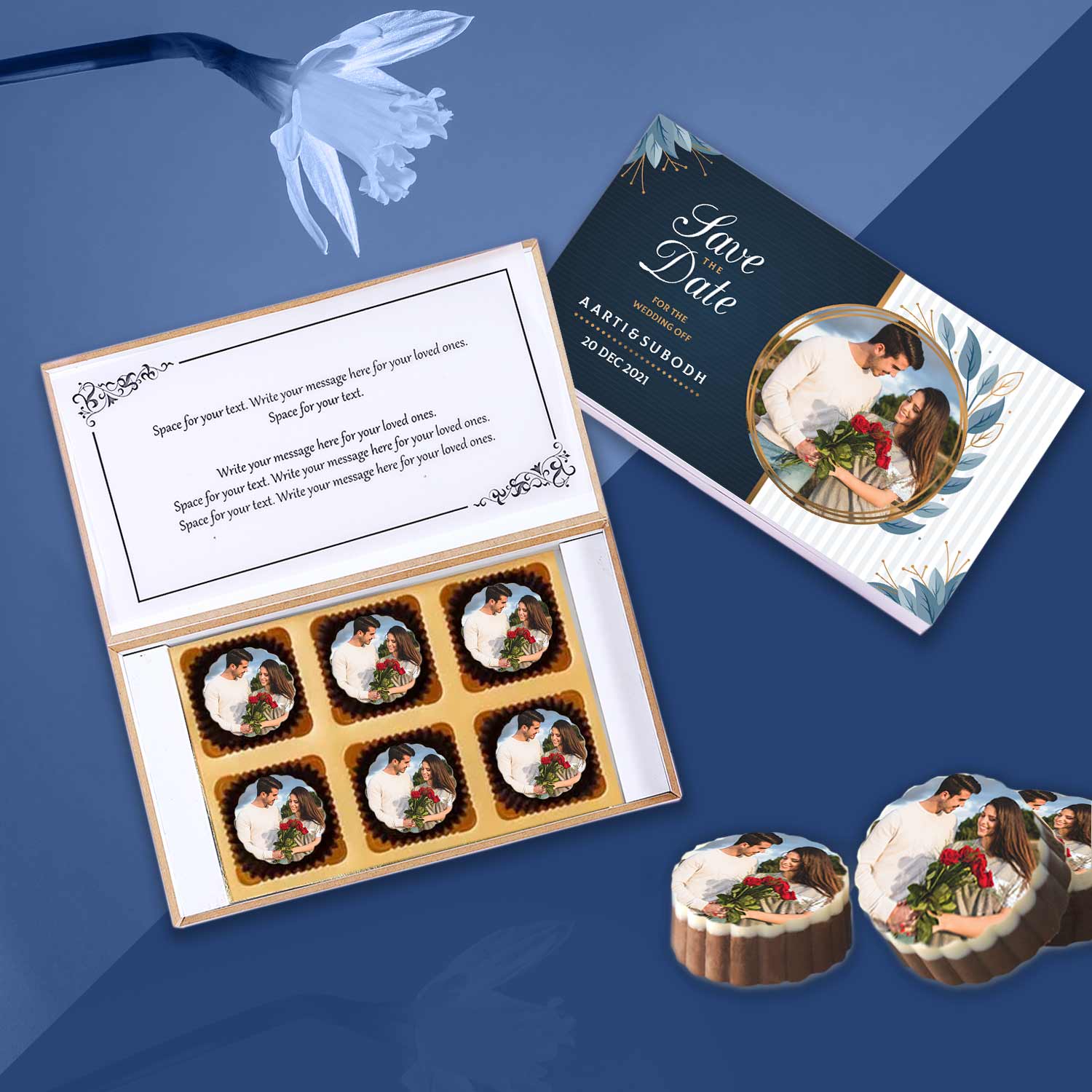 Botanical leaf wreath names printed chocolates invitation