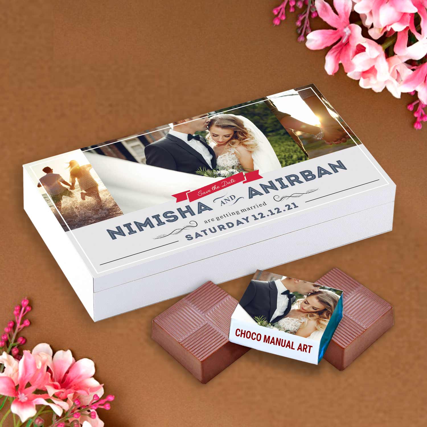  Customized white wooden box with all wrapper printed chocolates. There is also a personalized message printed on Message paper inside the box.