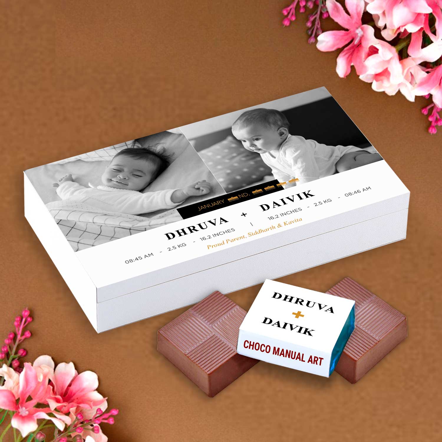 White elegant birth announcement personalised with photopersonalized chocolate box. gift boxes for kids.