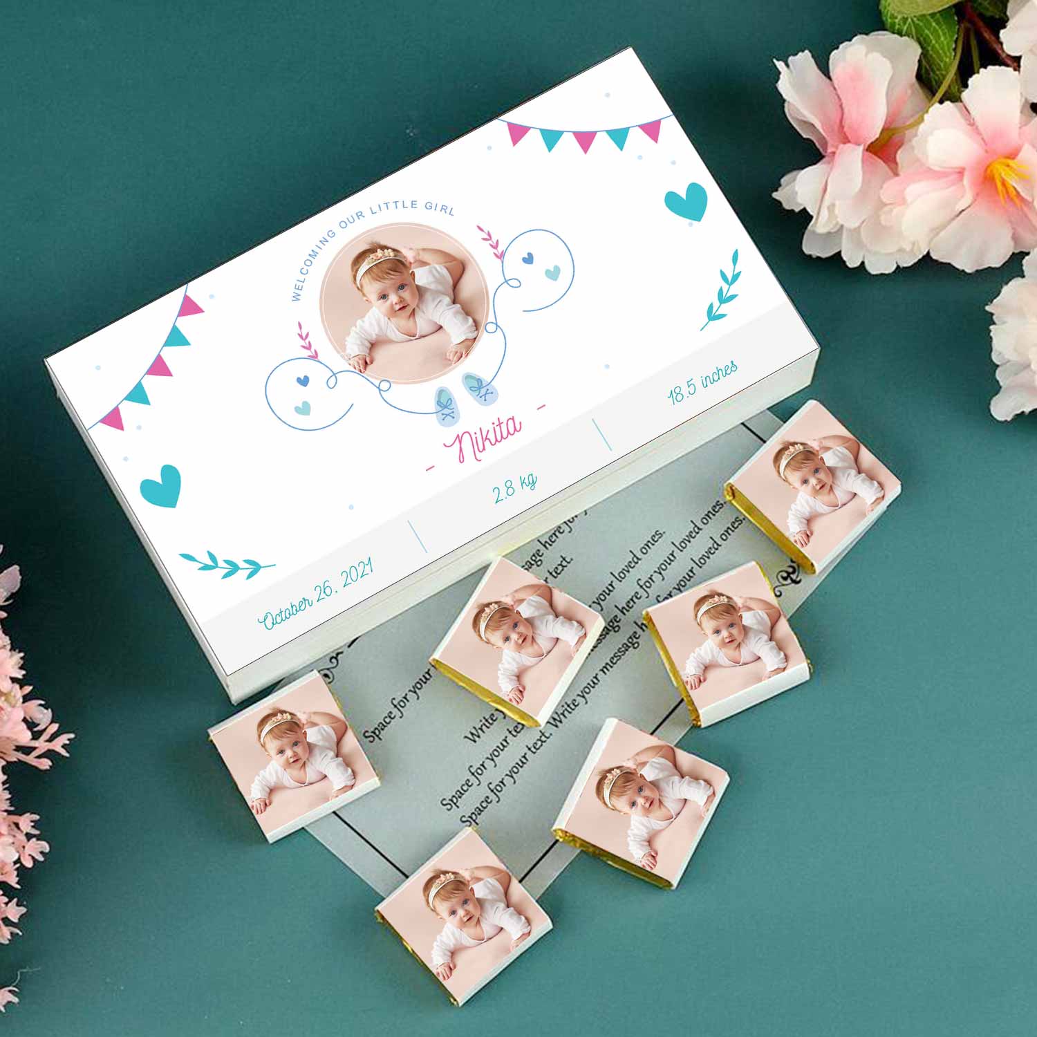 White elegant designed personalised baby announcement PERSONALISED BABY ANNOUNCEMENT WITH WHITE ELEGANT DESIGNED BOX OF CHOCOLATES 