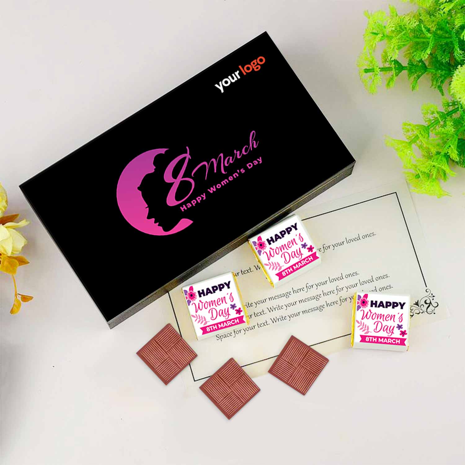 Woman's shadow printed pink designer gift of chocolates