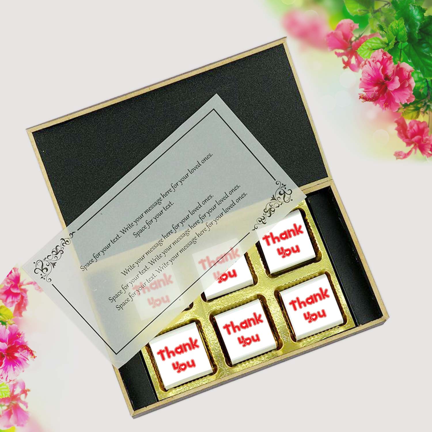 customized white wooden box with wrapper all-printed chocolates. There is also a personalized message printed on Message paper inside the box.