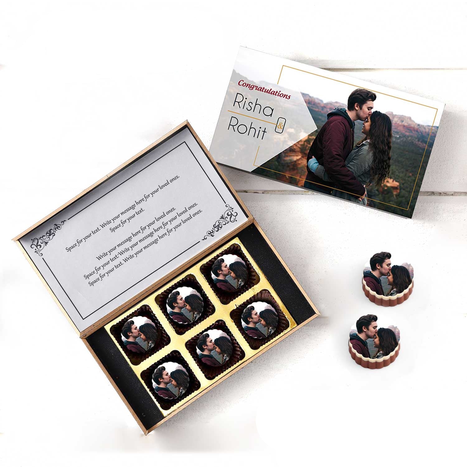Name printed chocolates to congratulate the couple