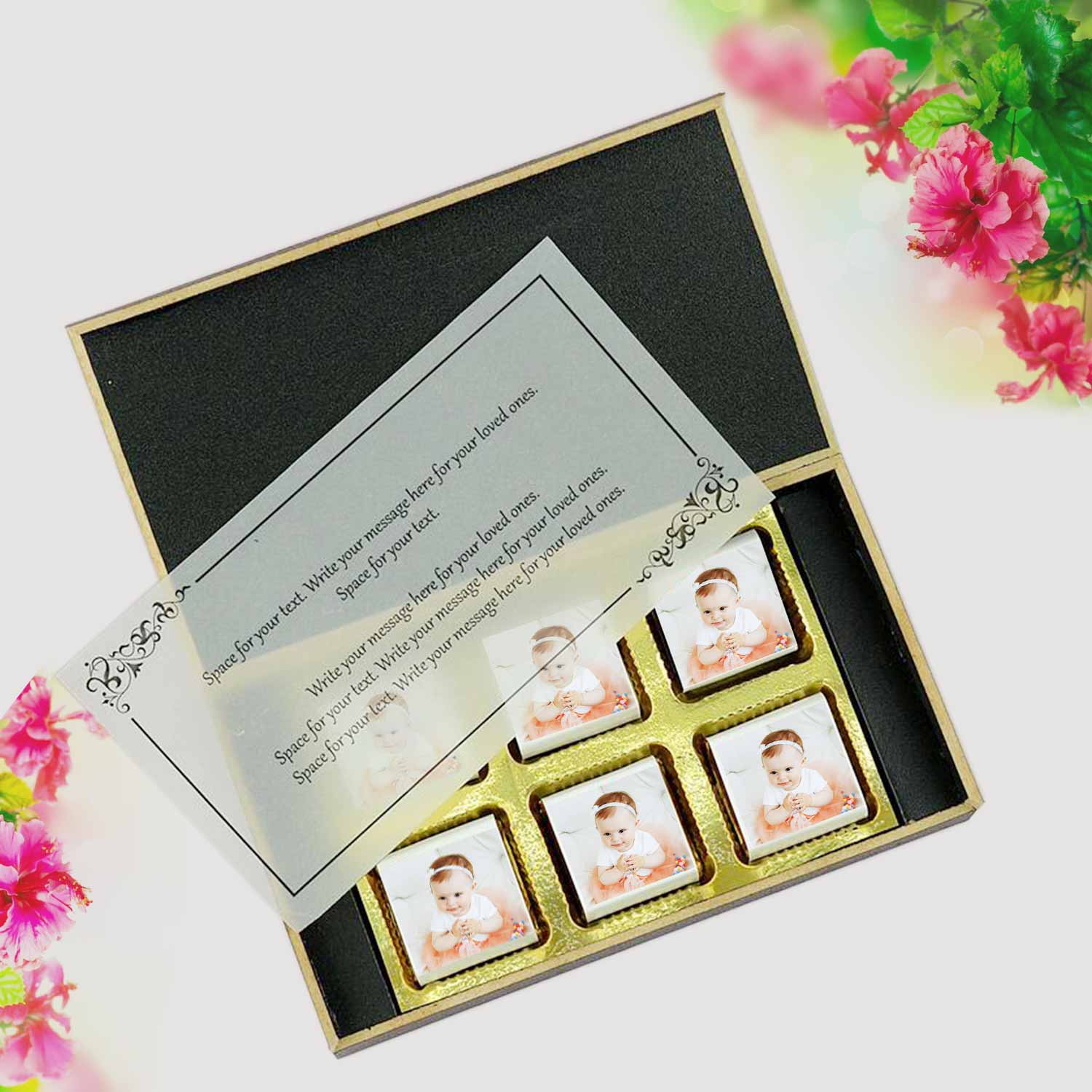 Customized black wooden box with all wrapper printed chocolates. There is also a personalized message printed on Message paper inside the box..