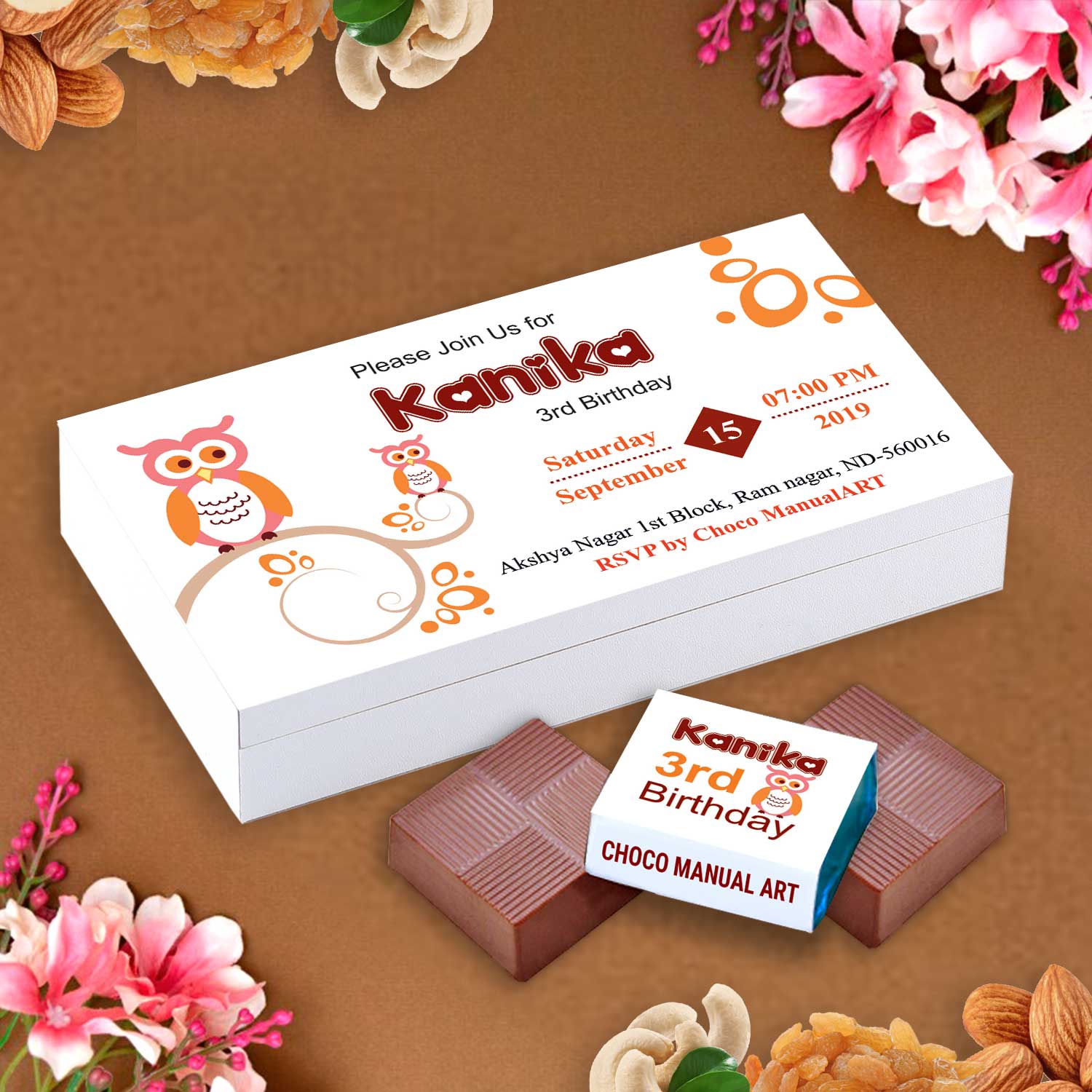 Cute owls personalised wrapped chocolates birthday invitation