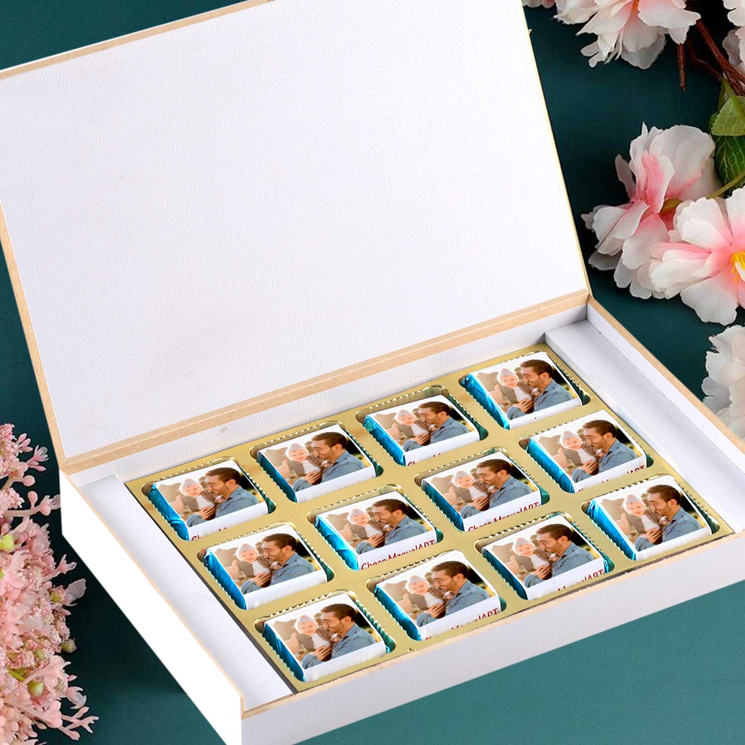 customized white wooden box with all wrapper printed chocolates. There is also a personalized message printed on Message paper inside the box.