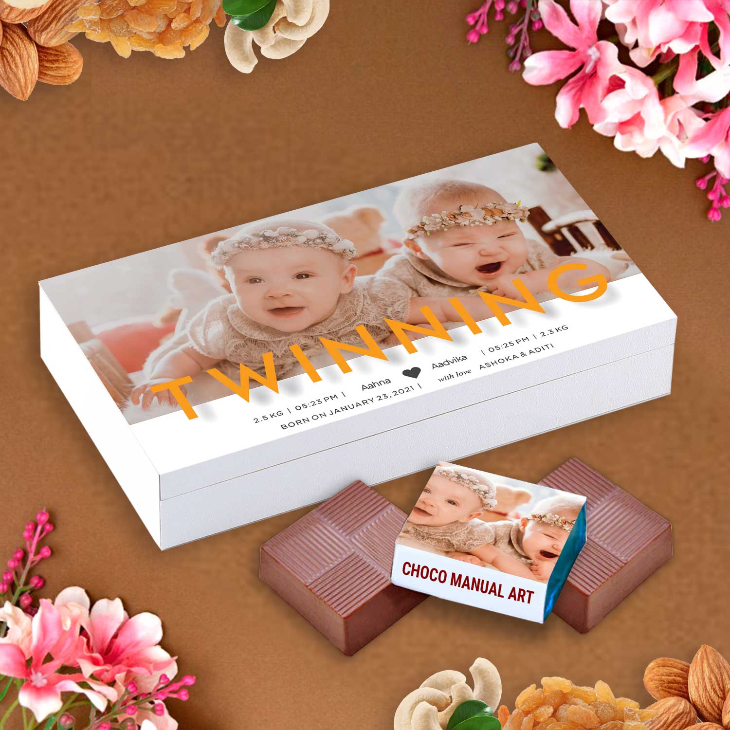 Twin baby birth announcement ideas.  Twins baby announcement.   Twins birth announcement chocolate box india.  Twins birth announcement chocolate box.