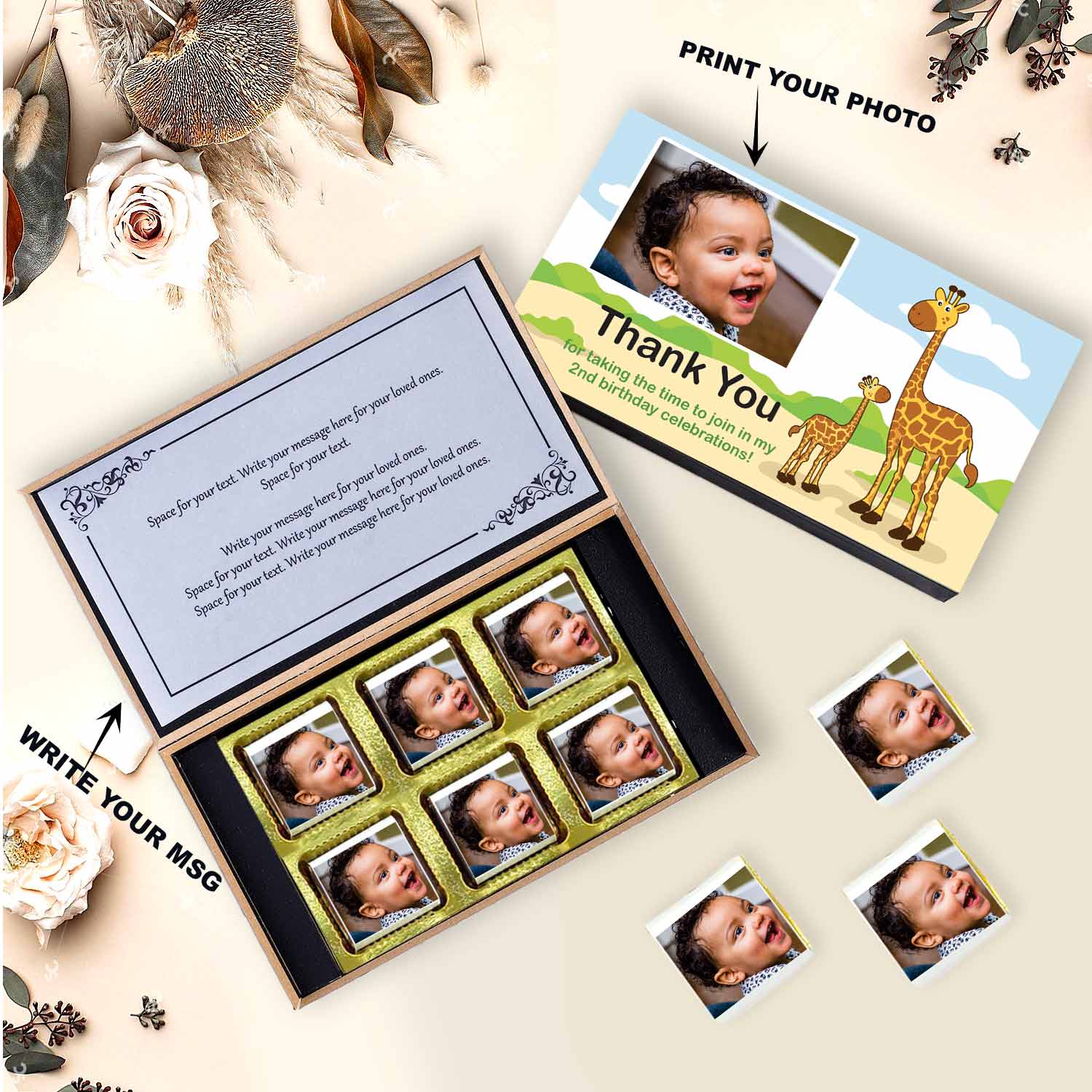 customized white wooden box with wrapper all-printed chocolates. There is also a personalized message printed on Message paper inside the box.