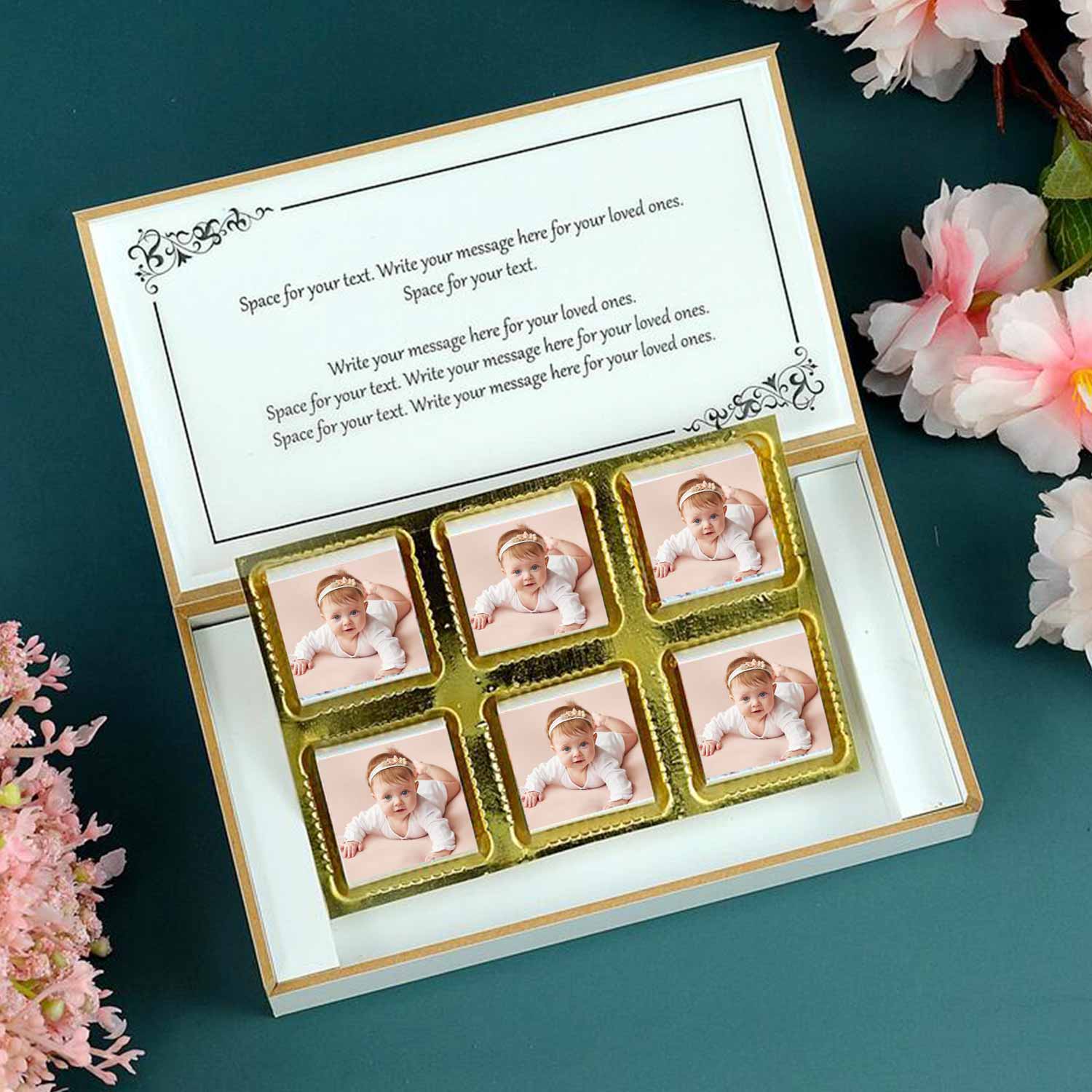 customized white wooden box with all wrapper printed chocolates. There is also a personalized message printed on Message paper inside the box.