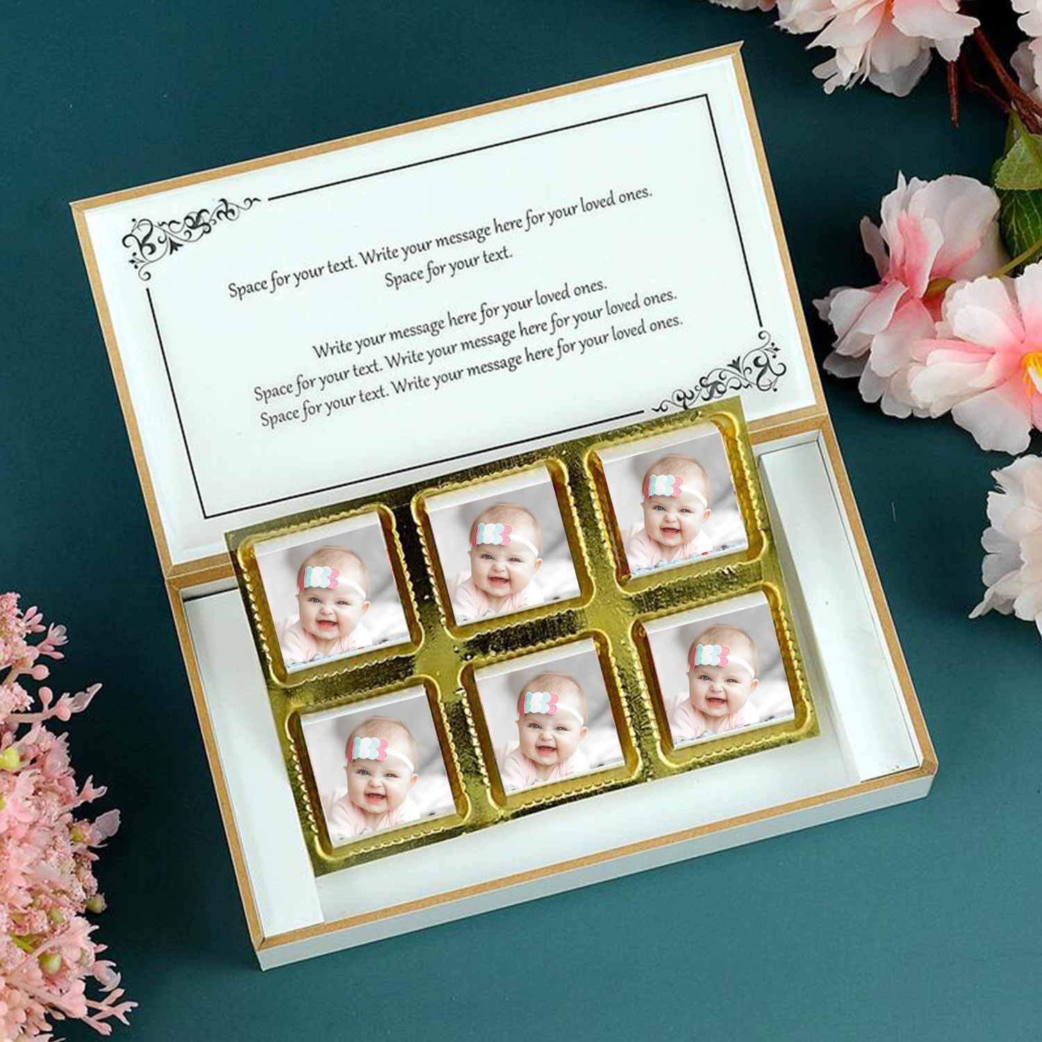 Baby  announcement gift.    Baby announcement chocolate boxes.  Customized chocolate boxes for baby girl.  Baby announcement gift boxes india.