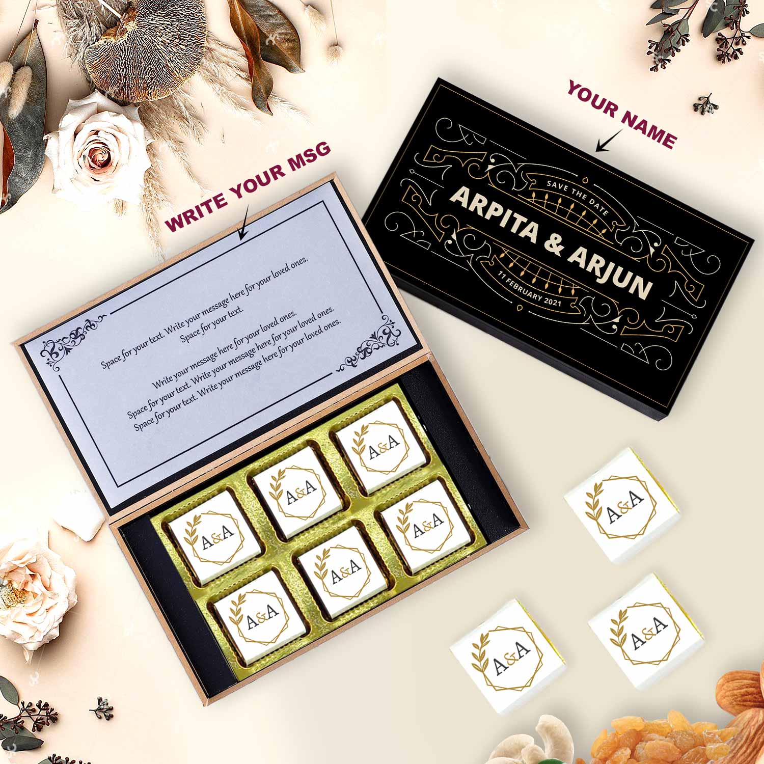 Customized white wooden box with all wrapper printed chocolates. There is also a personalized message printed on Message paper inside the box.