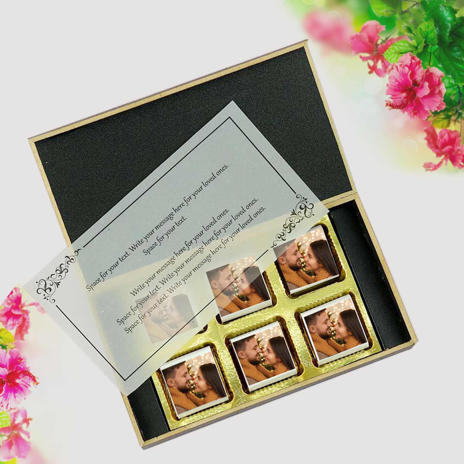 customized black wooden box with all wrapper printed chocolates. There is also a personalized message printed on Message paper inside the box.