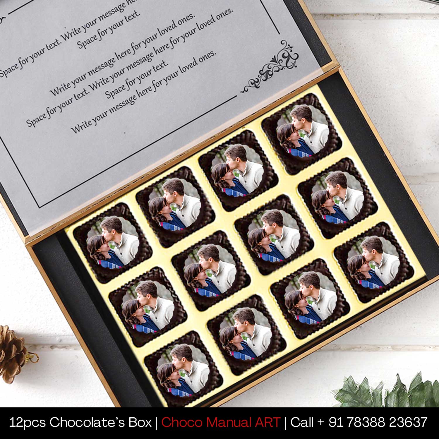 Photo printed chocolates with decorative floral design on box