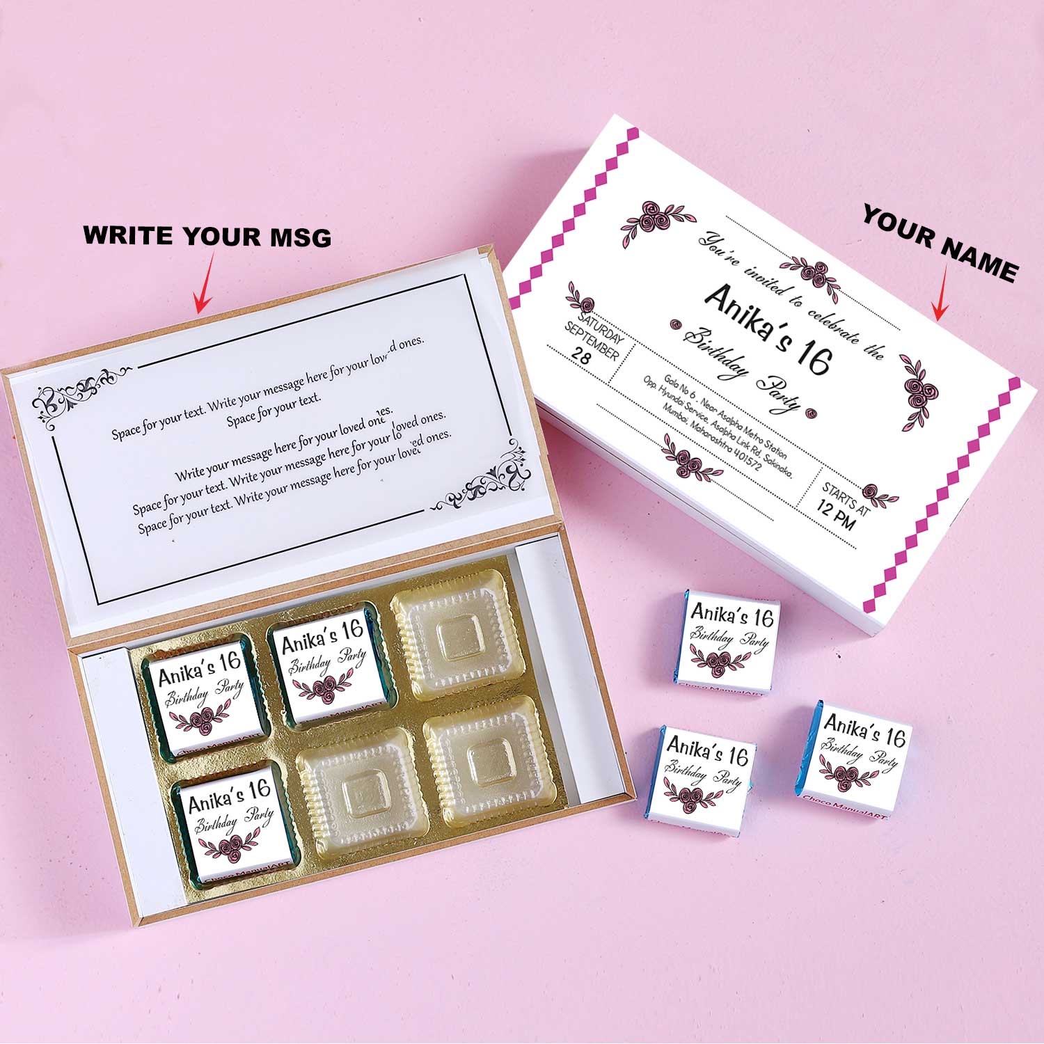  customized white wooden box with a wrapper of all-printed chocolates. There is also a personalized message printed on Message paper inside the box.