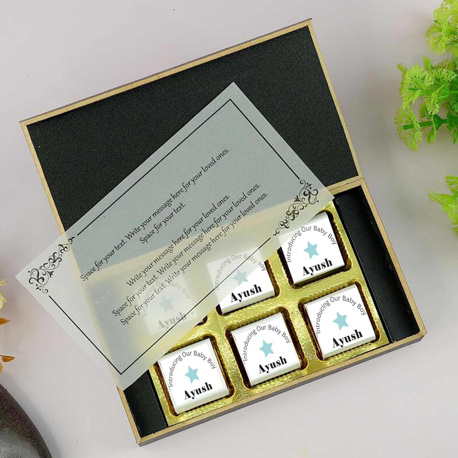  Customized black wooden box with all wrapper printed chocolates. There is also a personalized message printed on Message paper inside the box..