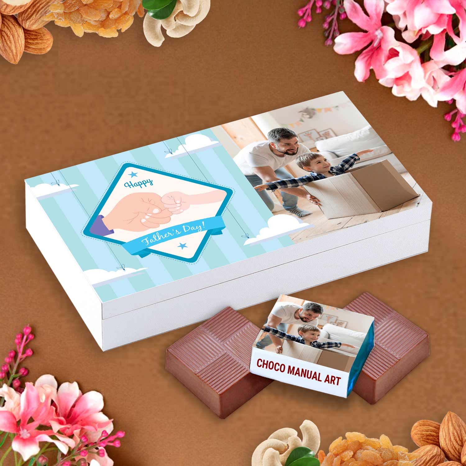 customized white wooden box with all wrapper printed chocolates. There is also a personalized message printed on Message paper inside the box.