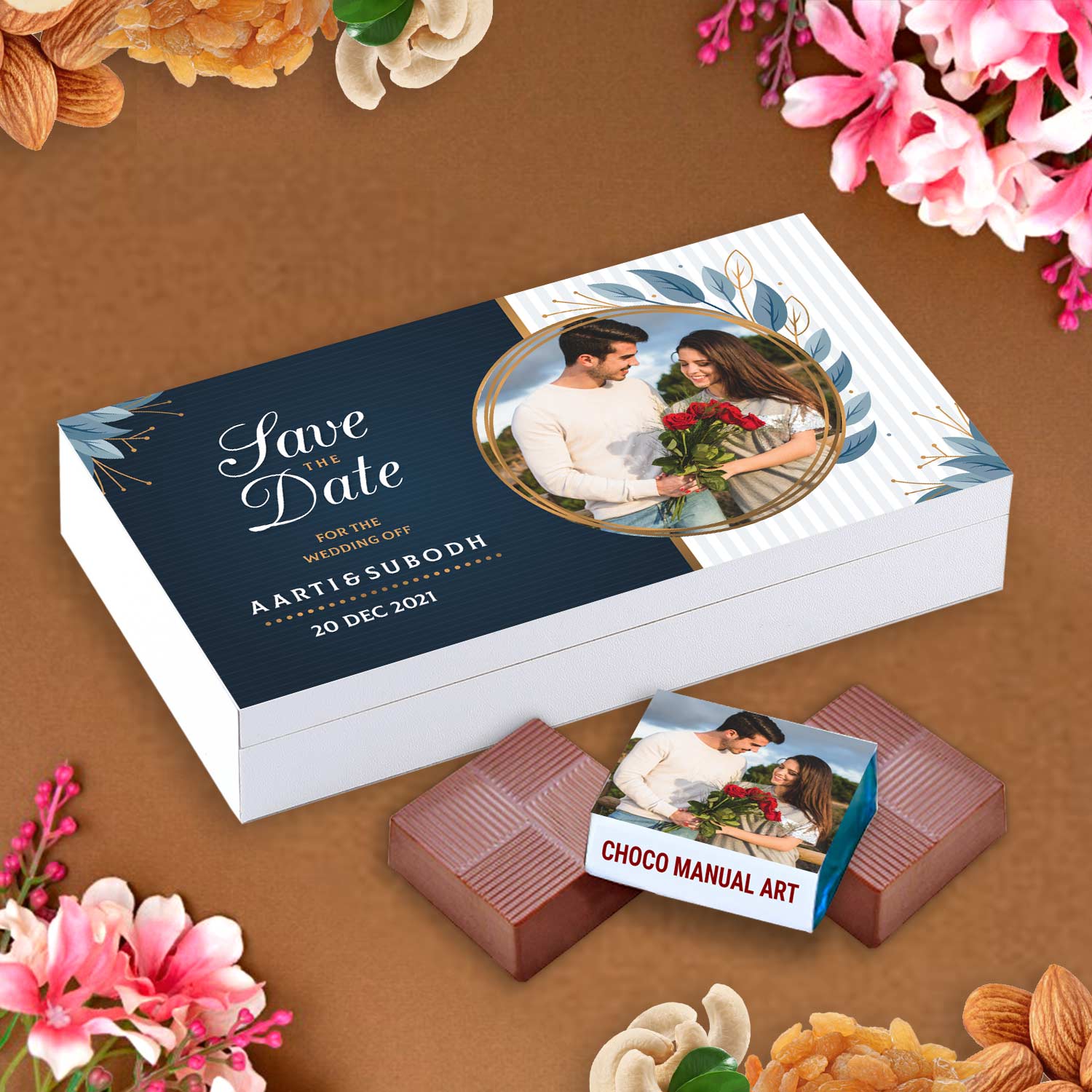 Customized white wooden box with all wrapper printed chocolates. There is also a personalized message printed on Message paper inside the box.
