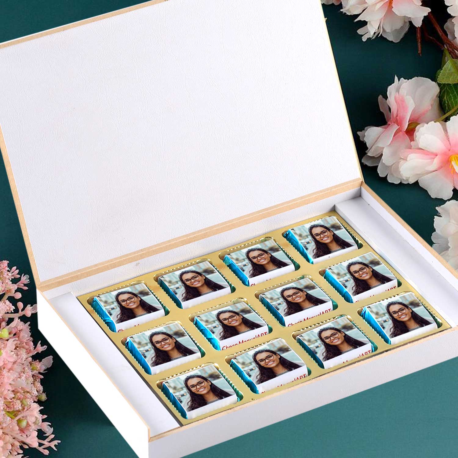 customized white wooden box with wrapper all-printed chocolates. There is also a personalized message printed on Message paper inside the box.